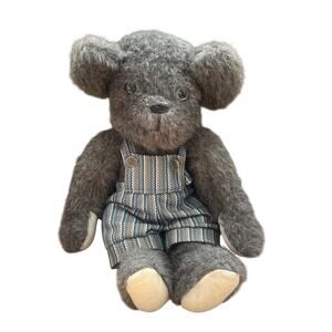 Collectable VTG Artisan Large Gray Teddy Bear Jointed Stripped Overalls 15"